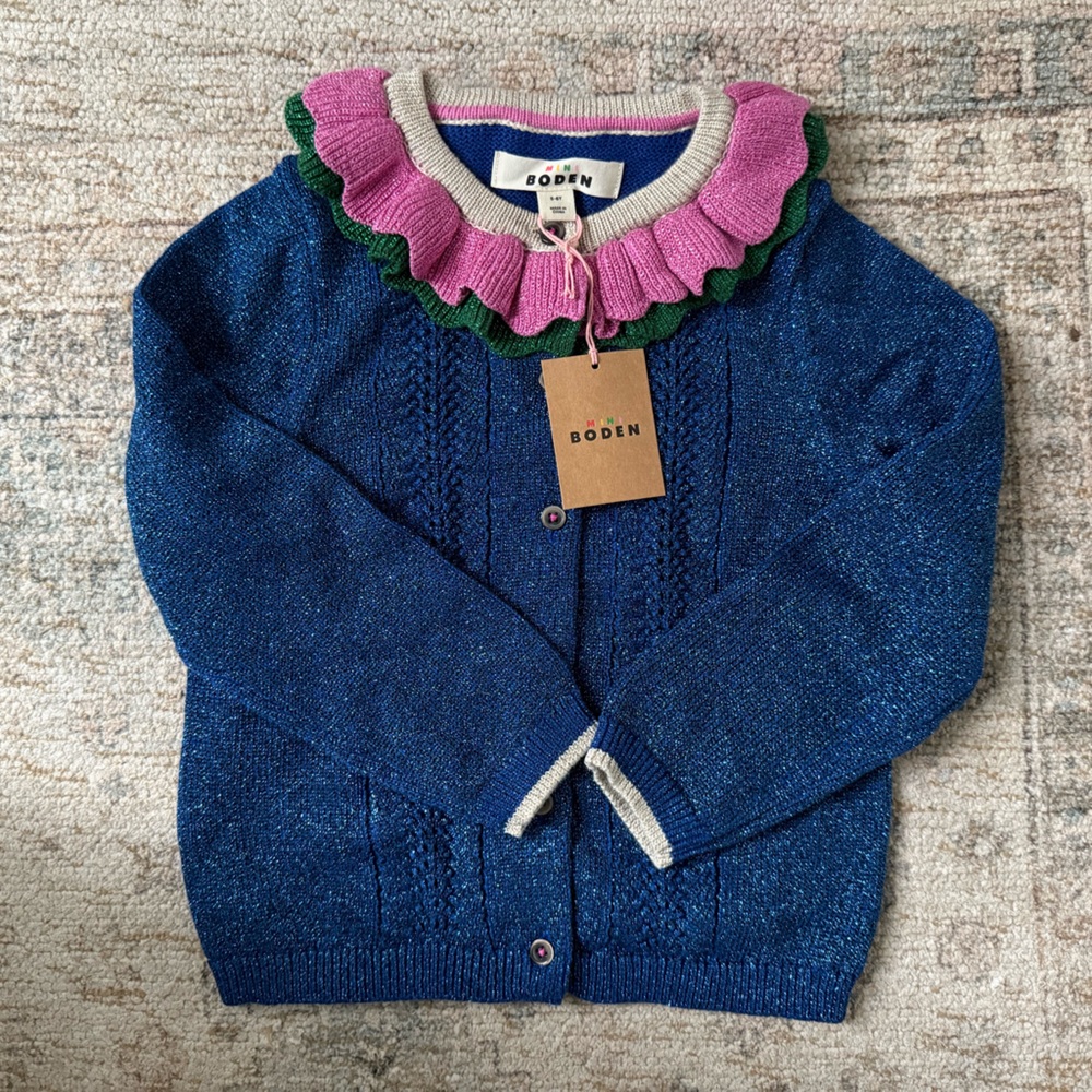 NWT Mini-Boden Blue Cardigan with Pink and Green Ruffle Trim_size 5/6Y
